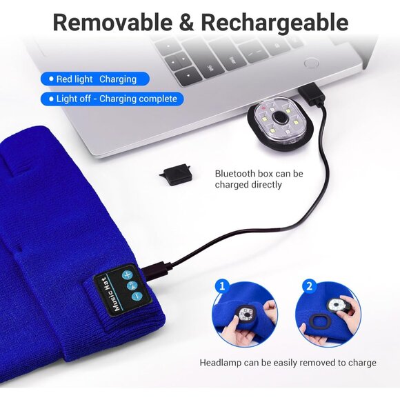 Bluetooth Beanie with Light, Beanie with LED and Bluetooth Headphones, Rechargea - Picture 5 of 7